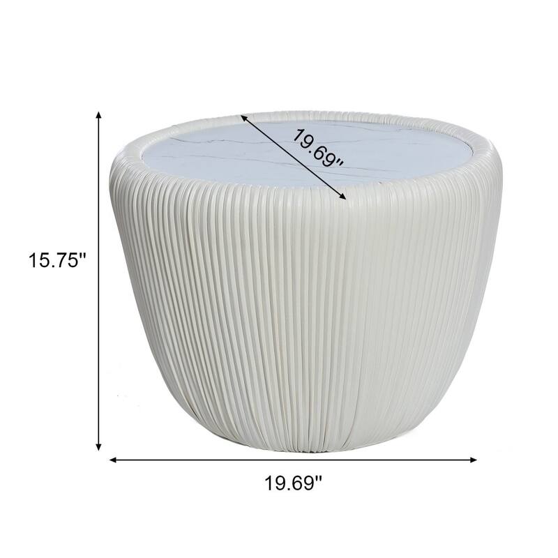 15.8" H Pleated Leather And Marble Tabletop Drum Round Side Table