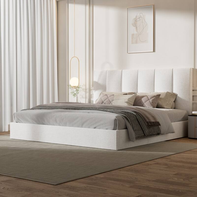 Modern Upholstered Lift-Up Storage Platform Bed with Headboard - White - King