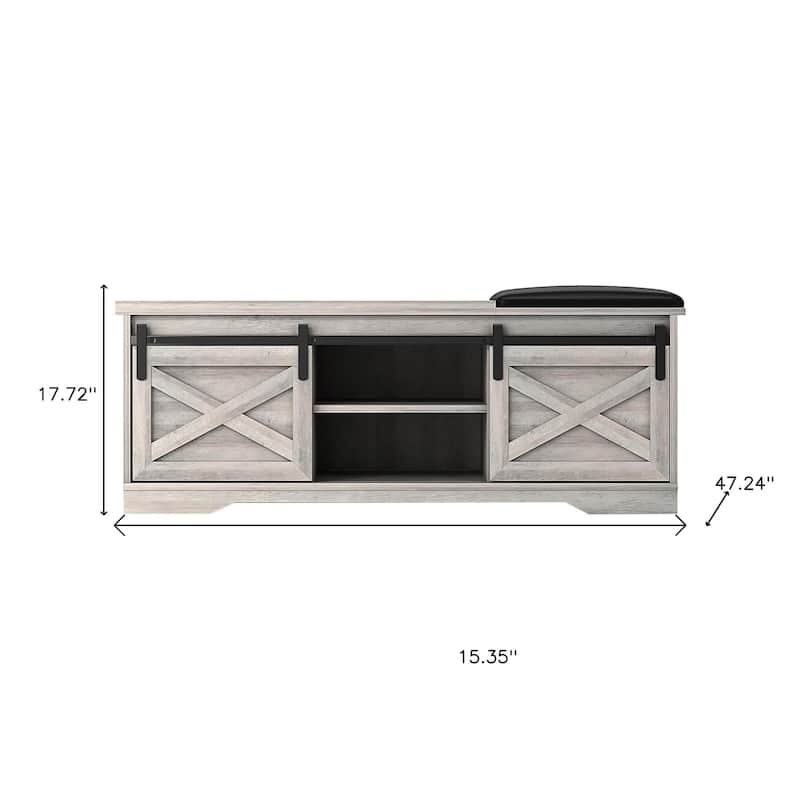 HomeRoots 47" Gray Faux Leather Upholstered Storage Bench with Shelves - 47.24 in. x 17.72 in. x 15.35 in.
