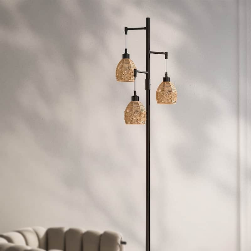 3-Lights Boho Floor Lamp with Rattan Shades