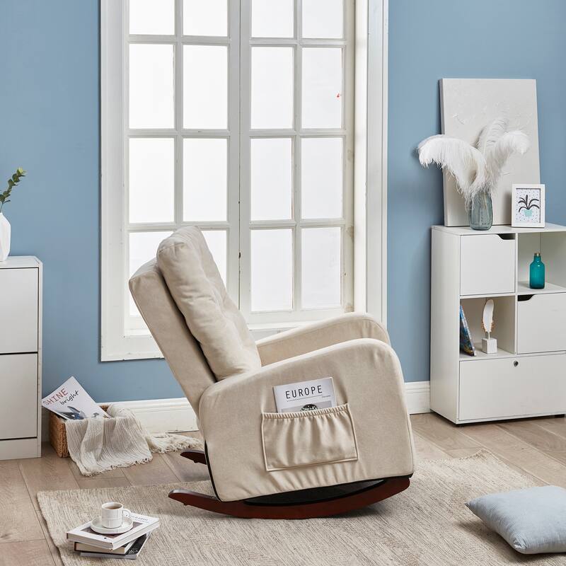 Beige Adjustable Reclining Sofa Chair with Sturdy Wood Legs, High Back Support, and Side Storage Options