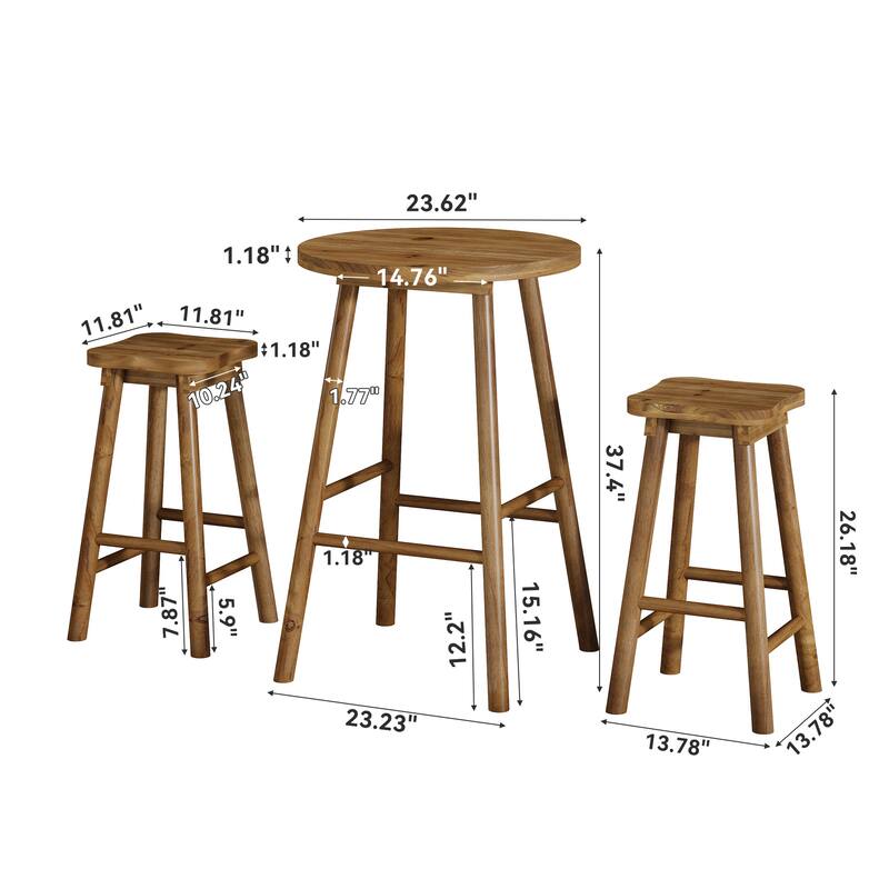 Solid Wood Bar Table & 2 Barstools Set, Pub Bistro Coffee Cocktail Dining Accent Table, Home Bar Kitchen Breakfast Nook