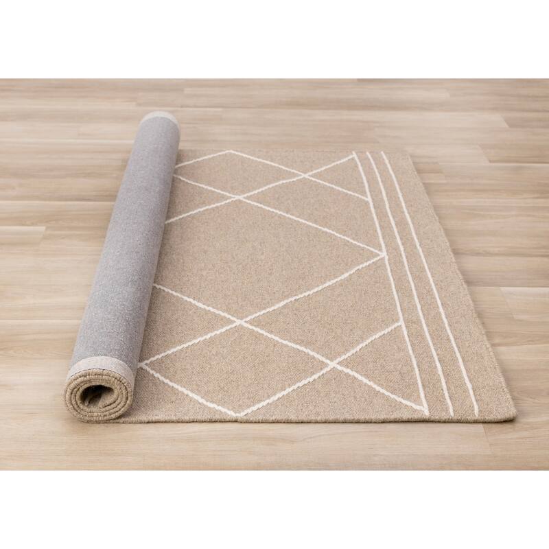 Beige Cream Diamond Lattice Handmade Wool Rug