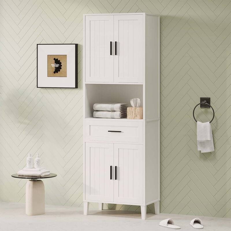 Freestanding Tall Cabinet with Drawer,2 Cabinets,4 Soft-Close Doors,and Adjustable Shelves for Versatile Storage - White