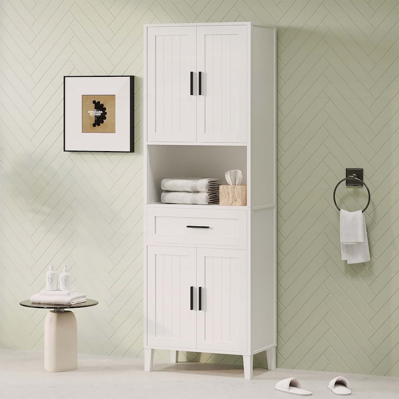 Tall Bathroom Cabinet with Drawer,Cabinets,Soft-Close Doors,Adjustable Shelves,Open Storage for Versatile Use - White