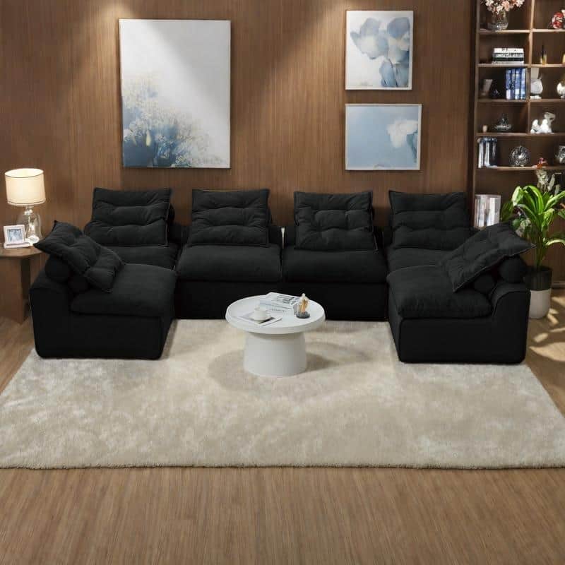 132" Corduroy Modular 6-Seater Sectional Sofa with 12 Pillows (6 Neck + 6 Lumbar), Armless Design and DIY Configuration - Black