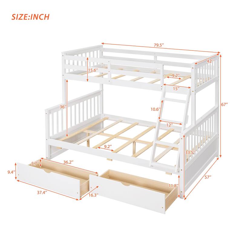 Twin-Over-Full Bunk Bed with 2 Storage Drawers and Ladder, Convertible 2 in 1 Wood Bedframe for Bedroom, Dorm, for Teens, Adults