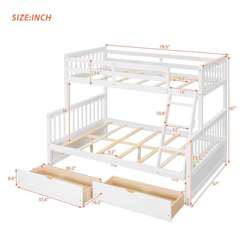 Twin Over Full Solid Pinewood Bunk Bed with Ladders and 2 Drawers, Divided Into Twin Size Upper Bed and Full Size Bottom Bed