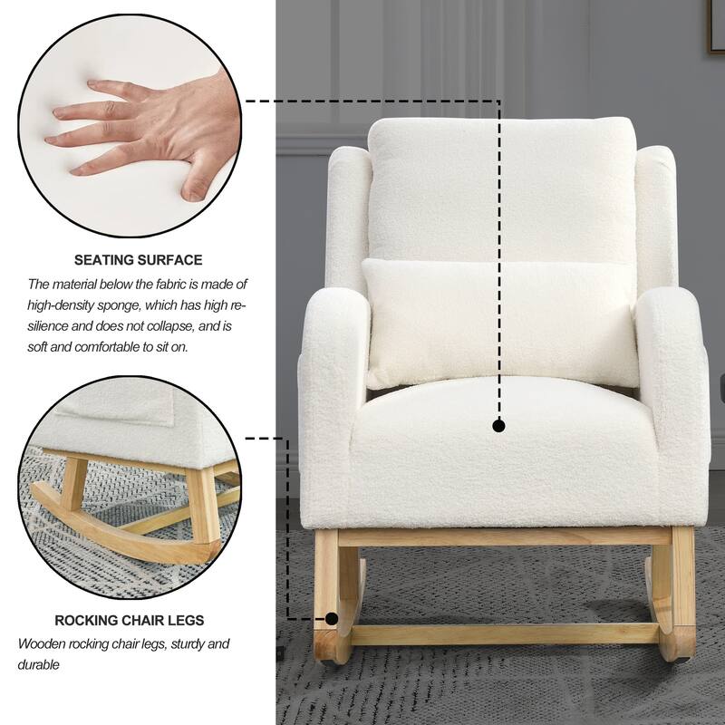 High Back Rocker Accent Chair with Wood Base, One Lumbar Pillow and Two Side Pockets