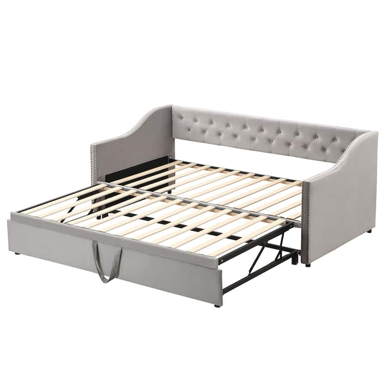 Gray Velvet Daybed Twin Sofa Bed w/ Pop Up Trundle, Upholstered Backrest, 2 Square Armrests, Convertible King Bed, Nailhead Trim