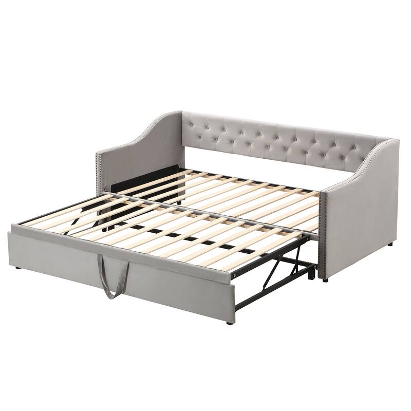Twin Size Upholstered Daybed with Pop-Up Trundle, Expandable from Twin to King, Velvet with Armrests