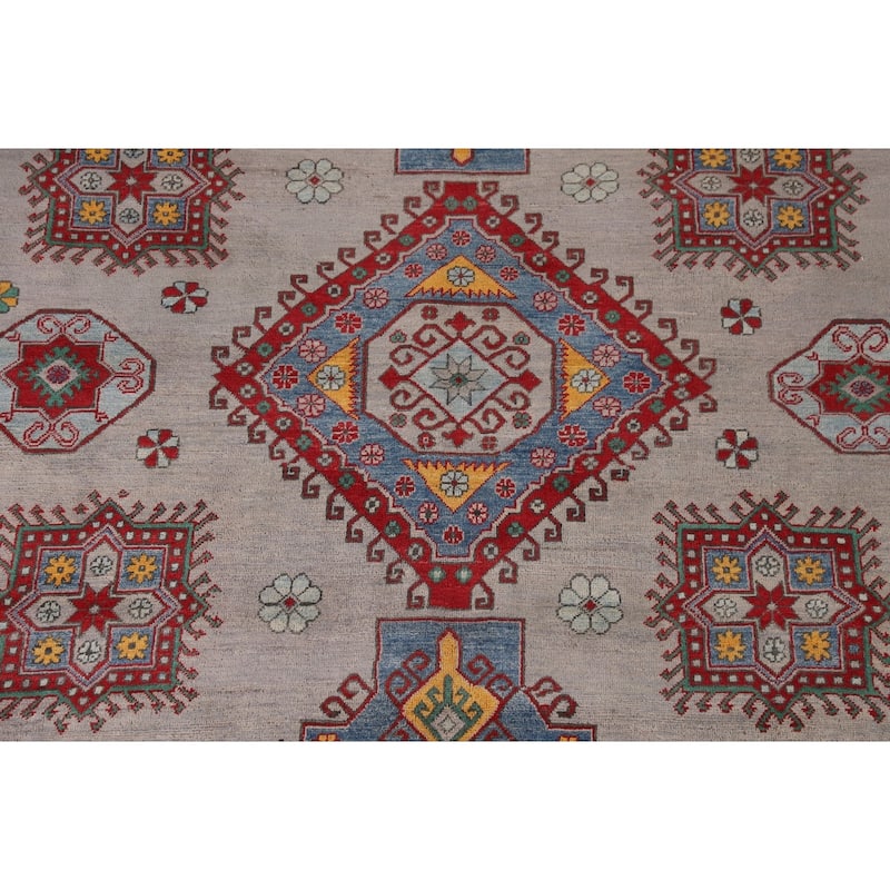 Grey Geometric Kazak Area Rug Hand-Knotted Wool Carpet - 8'2"x 11'5"
