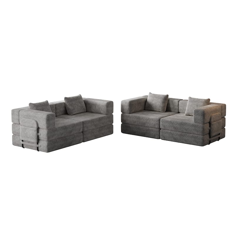 Corduroy Modular Sleeper Sofa Bed with Side Pockets and Anti-slip Pads