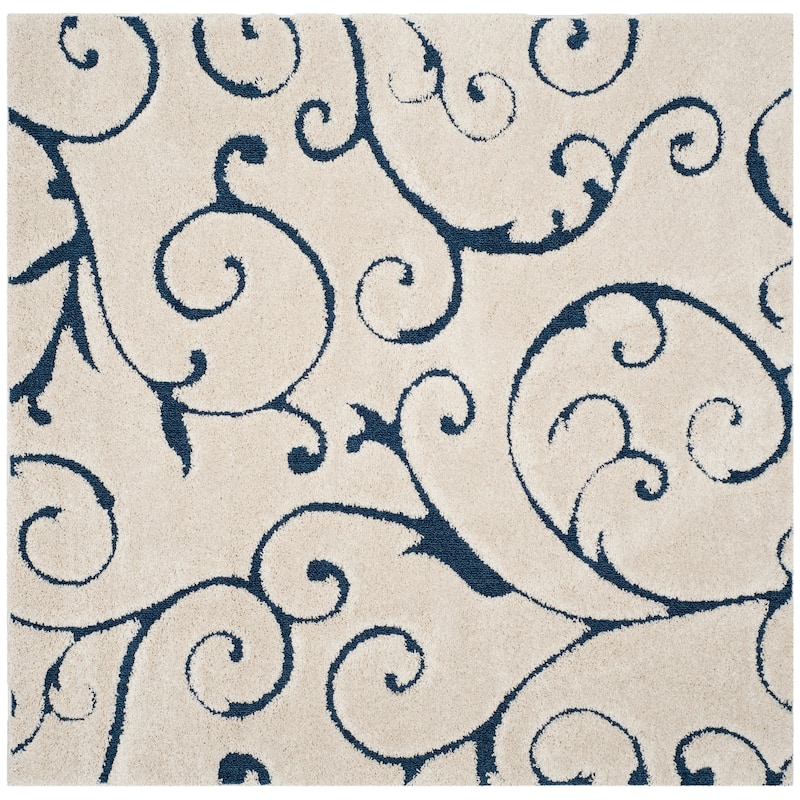 SAFAVIEH Florida Shag Shahin Scroll 1.2-inch Thick Textured Rug - 6'7" Square - Cream/Blue