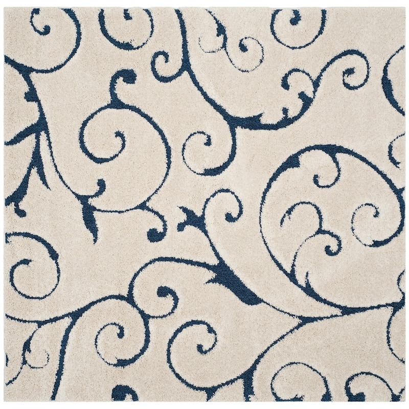 SAFAVIEH Florida Shag Shahin Scroll 1.2-inch Thick Textured Rug - 10' x 10' Square - Cream/Blue