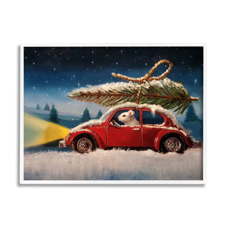 Stupell Mouse Driving Through Snow Winter Holiday Tree Framed Giclee Texturized Art by Lucia Heffernan