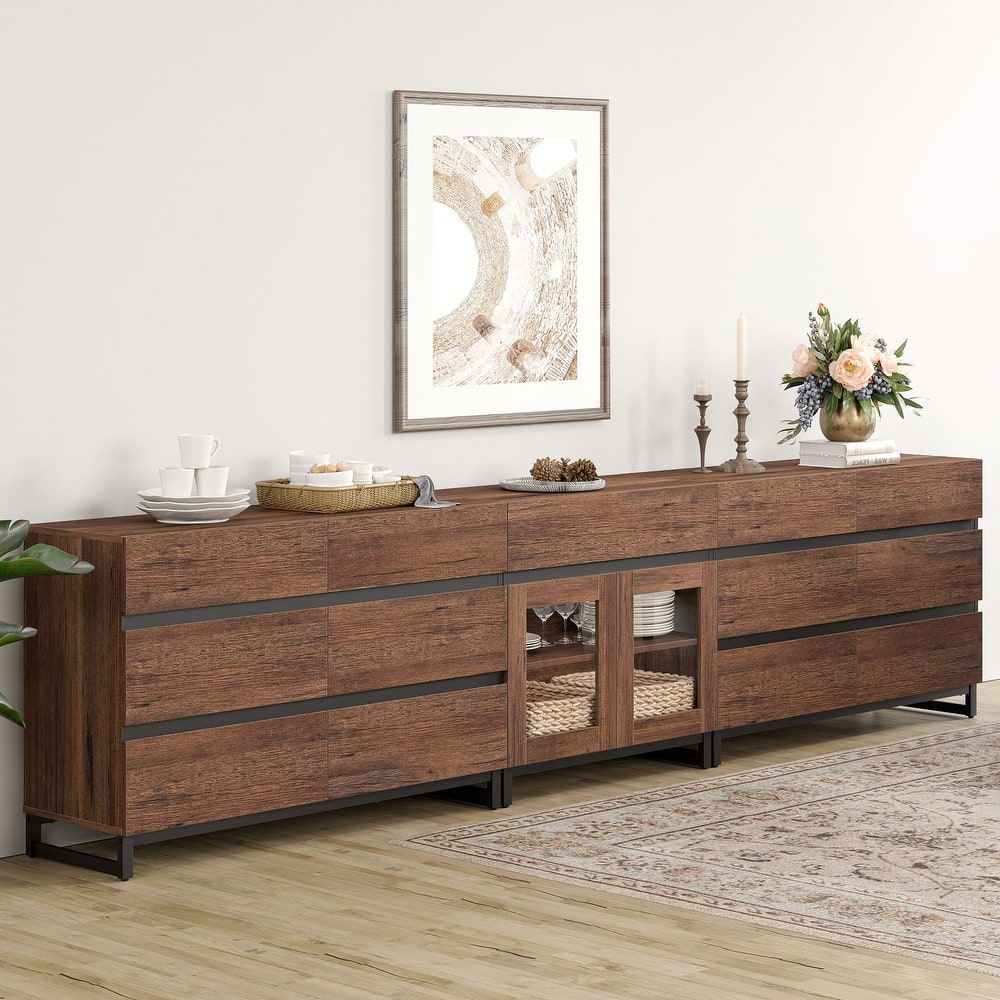 WAMPAT 3 in 1 Modern Sideboard with Glass Doors and 3 Drawers, Coffee Bar Cabinet for Kitchen