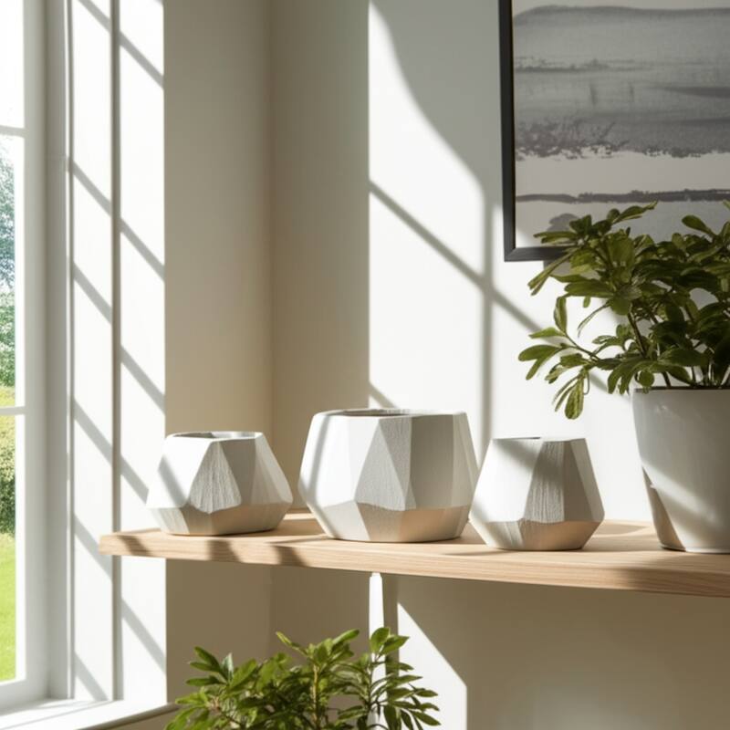 Stoneware Vases Faceted Geometric Design (Set of 3) - 5/6/8" White