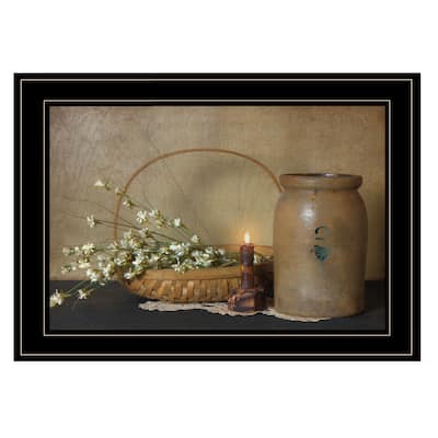 TrendyDecor4U Farmhouse "Basket of Flowers" Framed Print Wall Art by Susie Boyer - Brown, White, Blue, Tan, Earth Tones