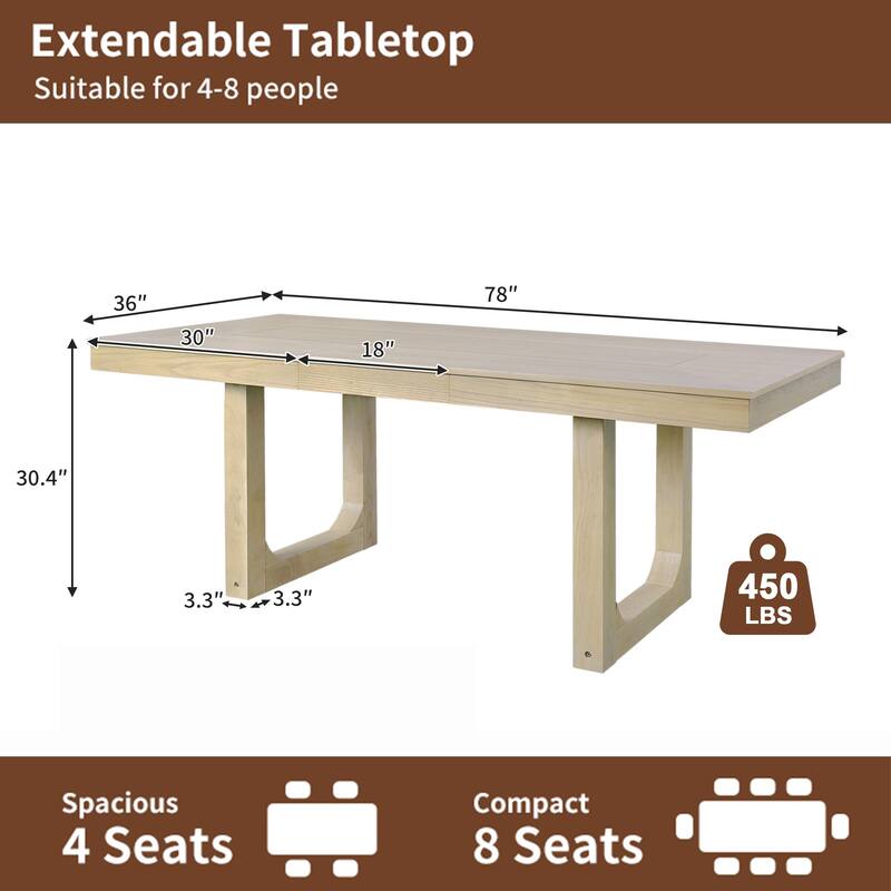 60"-78" Extendable Dining Table with Smooth Rails, Wooden Kitchen Table with Removable Leaf, Double U-Shape Base