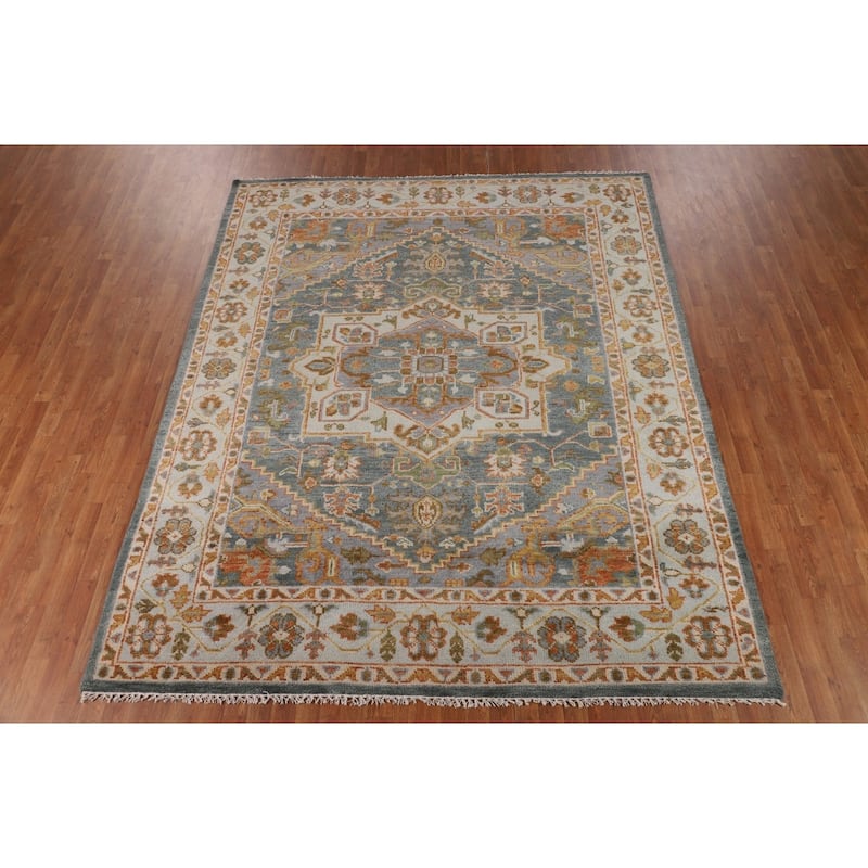 Geometric Grey Heriz Serapi Rug Hand-Knotted Traditional Wool Carpet - 8'1"x 9'11"