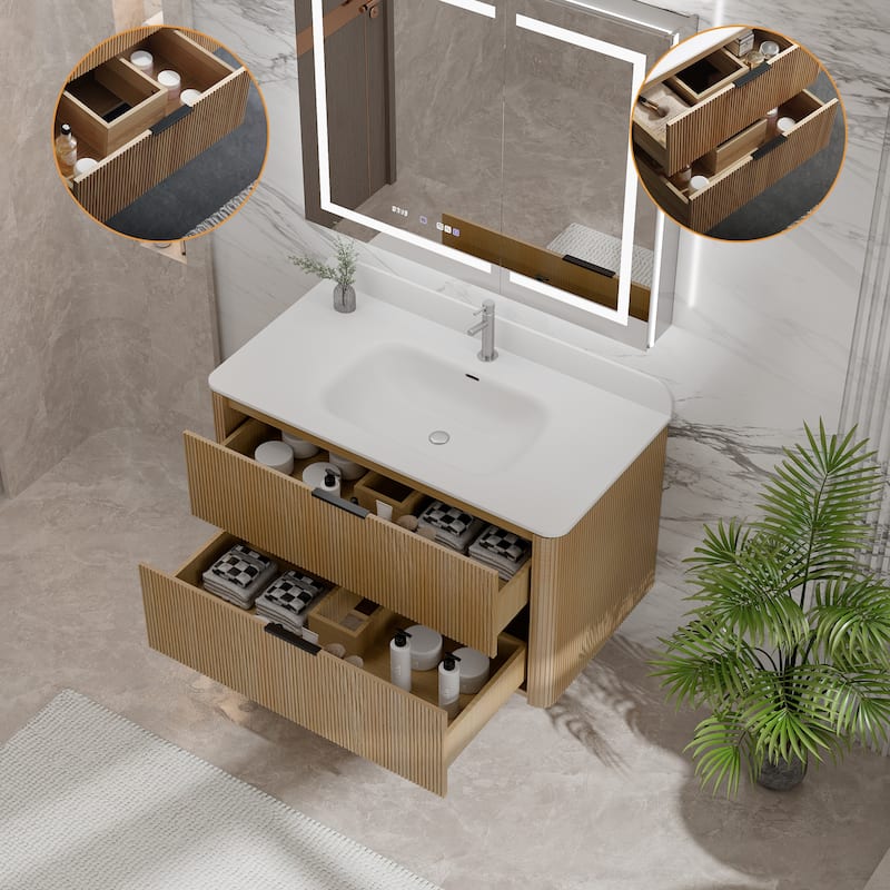 Modland Fluted Floating Vanity with Sink, Plywood Wall Mount Cabinet, Curved Edge, 24/30/36 Inch