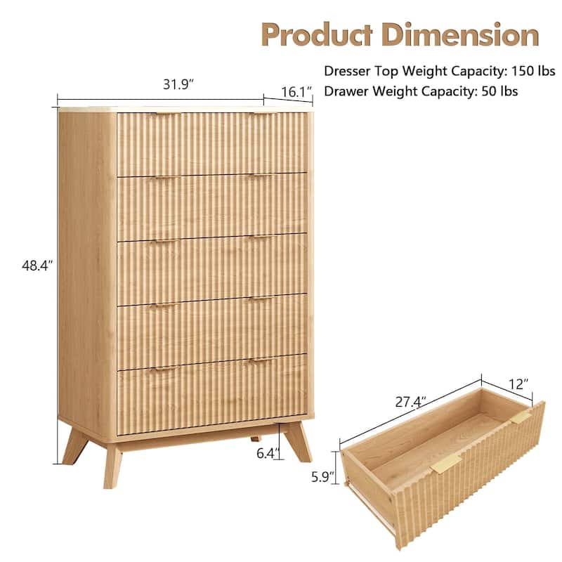 Modern 5 Chest of Drawers, Wood Dresser for Bedroom, Living Room