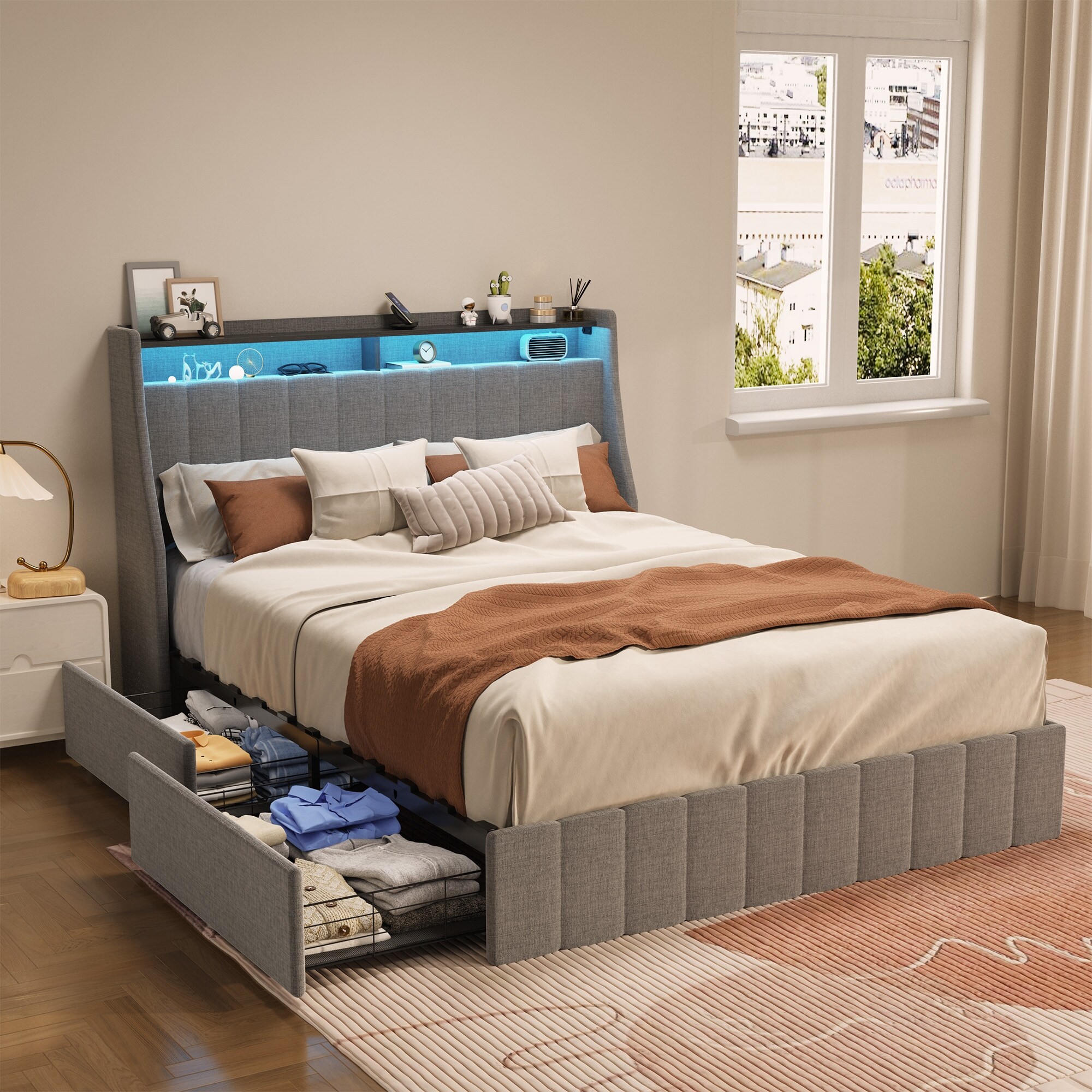 Queen Size Bed Frame with LED 4 Under bed Portable Storage Drawers Wings Headboard Design Bed Bath Beyond 40530364