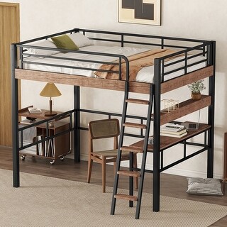 Full Size Metal Loft Bed with Built-in Desk and Storage Shelf, Black