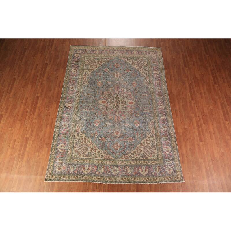 Light Blue Tabriz Persian Area Rug Hand-Knotted Floral Wool Carpet - 8'1"x 11'5"