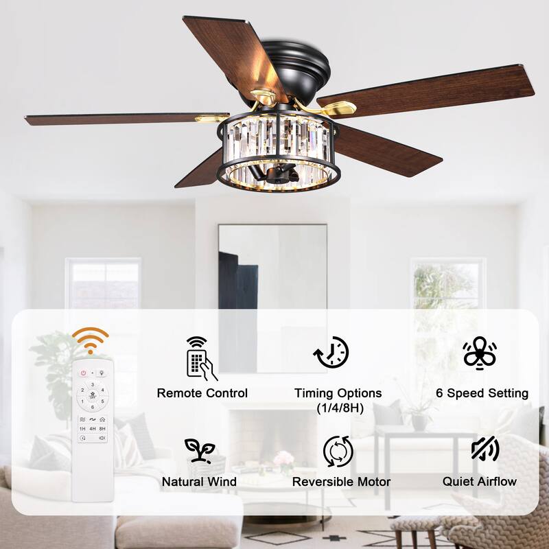 Bella Depot 52" Modern Flush Mount Ceiling Fan with Light and Remote Control 6-speed Glass Caged Shade - 52 Inches