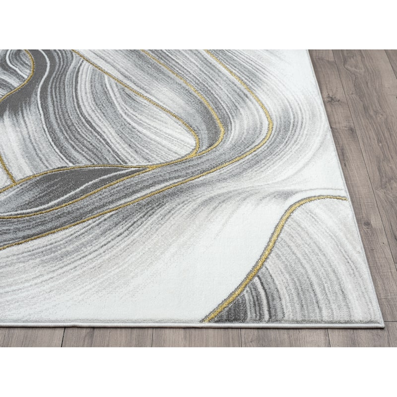 Abani Luna Contemporary Ribbon Grey Gold Metallic Area Rug