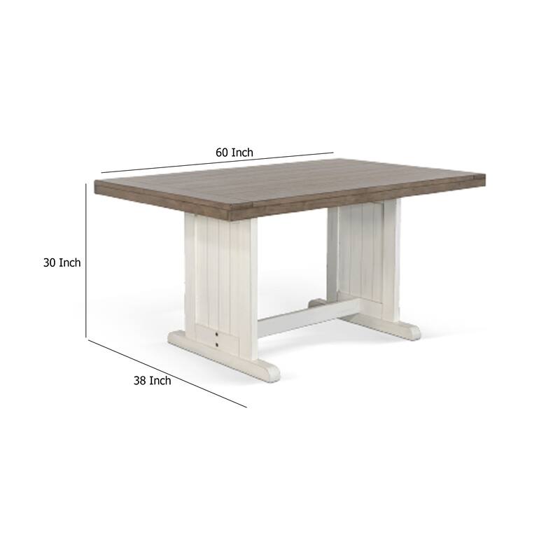 Dean Dining Table, 60 Inch Rectangular Plank Top, Off White and Brown