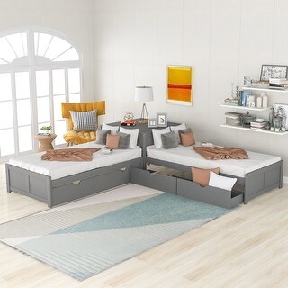 Twin Size Table L-shaped Bed with Trundle and Storage Drawers Linked, Pine Wooden Platform Bed with Built-in Desk, Gray