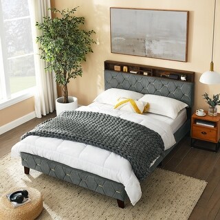 Full Size Grey Upholstered Bed Frame with Charging Station