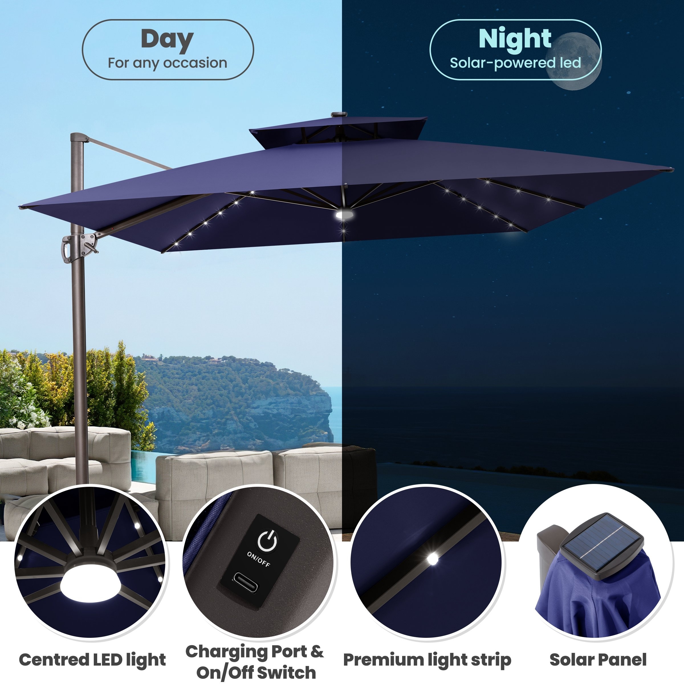 corliving patio umbrella with solar power led lights ZNYCYE 8 Lighting Modes 10 ft Offset Shade Coverage 11 FT Outdoor Solar-Powered LED