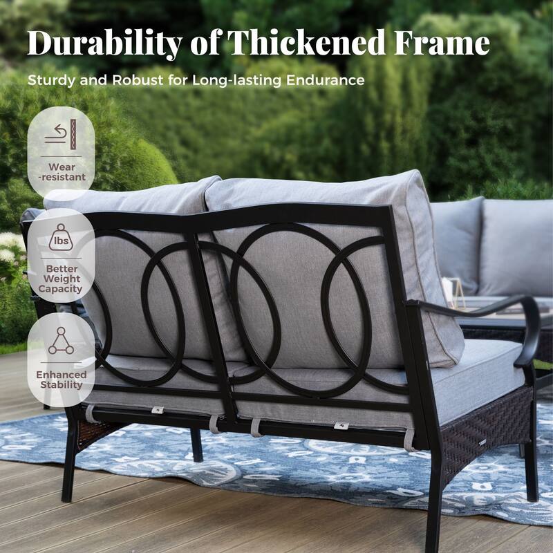 MAISON ARTS Patio Furniture Set with 56" Fire Pit Table, Deep Seating Sofa & Swivel, Rocking, and Fixed Chairs (5 Seats, Beige)