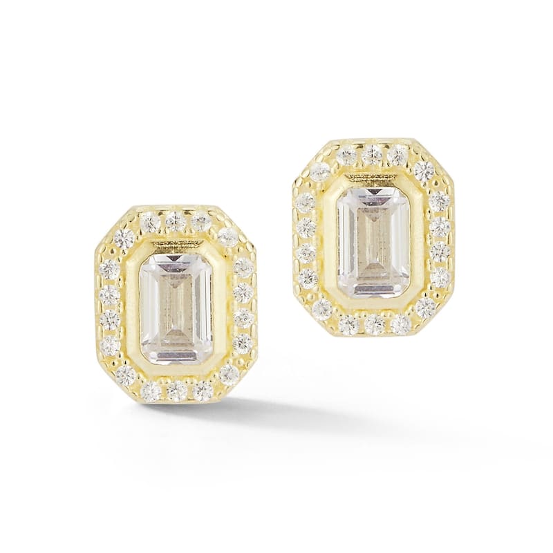 Soleil Sterling Silver Emerald Cut CZ Halo Studs