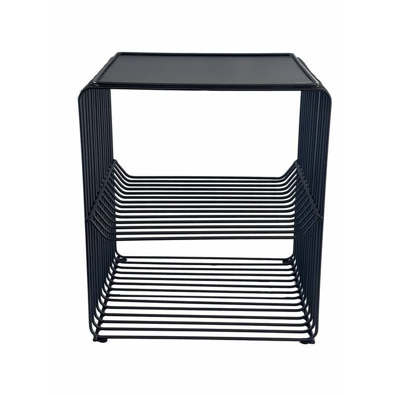 20 Inch Tall Side End Table, 2 Shelves, Square Top, Black Metal Wire Frame