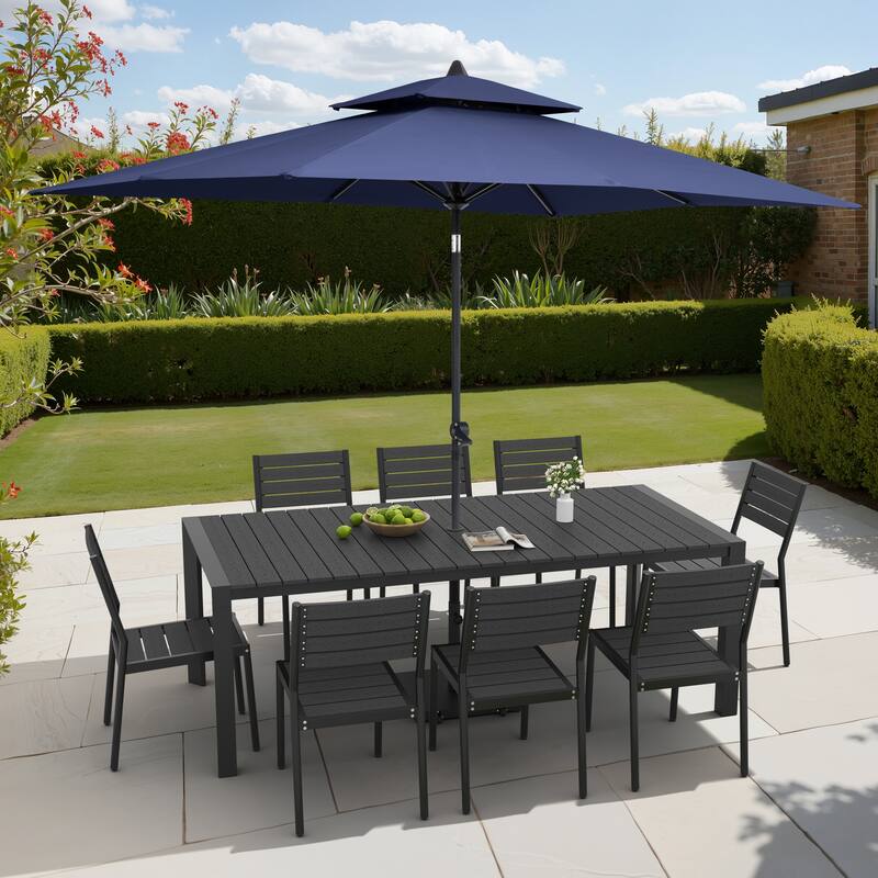9/11-Piece Outdoor Dining Set Aluminum Table and Stackable Chairs w/10 ft Umbrella and Base - Set of 11 - Black Table with Navy Blue Umbrella