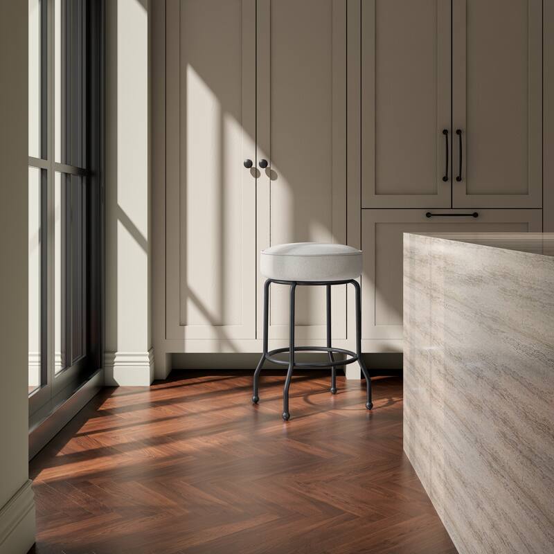 NADAAL STUDIOS Loric Swivel Counter Stool, Round Upholstered Seat with Finial Legs and Piping Detail, Light Brown