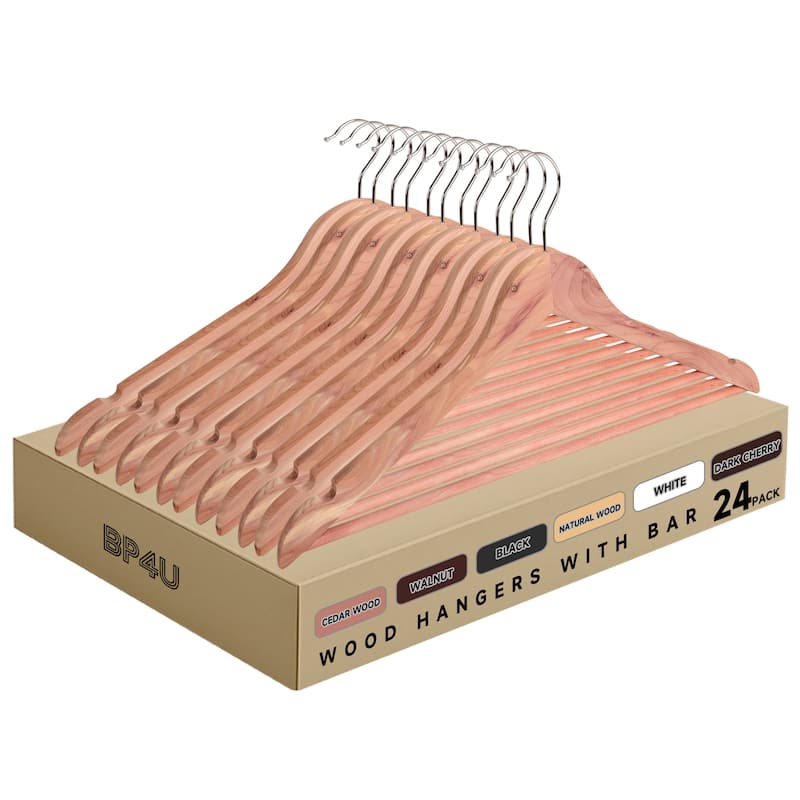 BP4U Premium Solid Wood Hangers with Non-Slip Trouser Bar, Heavy-Duty Suit Coat Wooden Hangers for Jackets, Shirts, and Dresses - 24-Pack - Cedar Wood