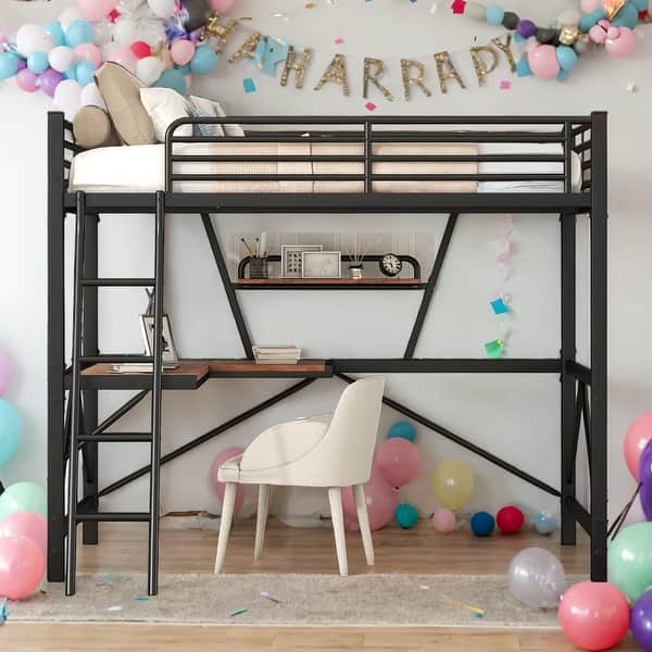 slide 2 of 18, Modern Full Size Metal MDF Loft Bed With Built-in Desk And Shelf for Bedroom Black
