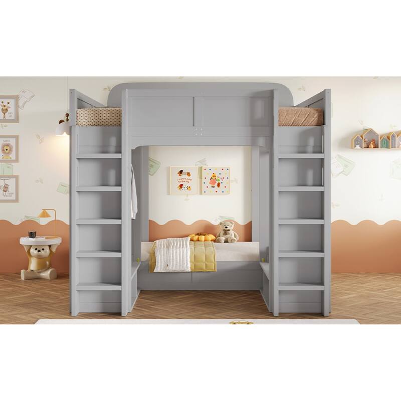 Roomfitters Triple Bunk Bed with Twin, Twin and Twin XL Beds, Storage Shelves and Hooks