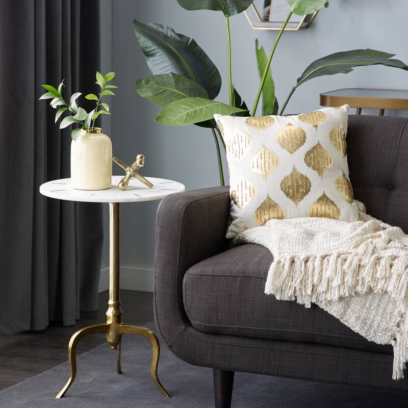 Marble Accent Table with Gold Inlay and Scrolled Base - White - Roche River Decor