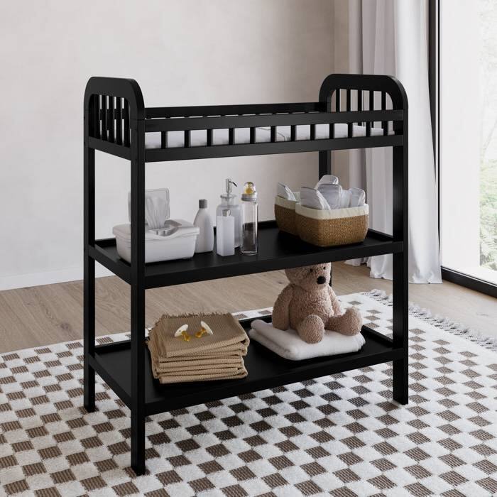 Black Wooden Baby Changing Table with Safety Rail and Water-Resistant Pad for Nursery - 39”H x 33.75”W x 18”D