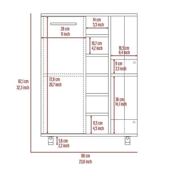 dimension image slide 0 of 2, Bar Cart with 2 Open Shelves, 4 Casters, 6 Wine Cubbies, 2 Inner Shelves, and Cabinet - 23" W x14"D x 32"H