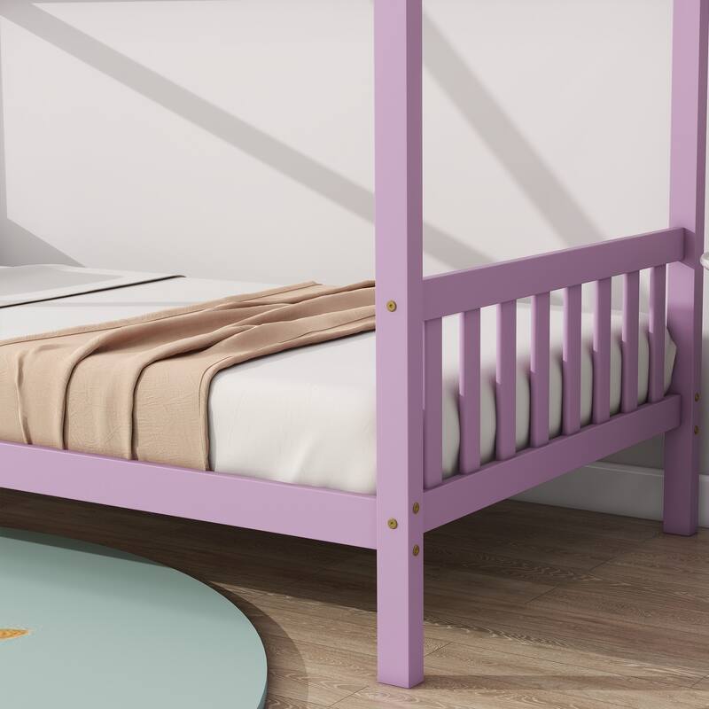 Twin Over Twin House Floor Bunk Bed Low Profile Bed Frame with Headboard and Footboard