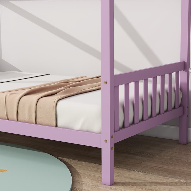 Twin Size House Bed with Headboard and Footboard, Underbed Storage - Rubberwood House-shaped Bed Frame for Children's Room