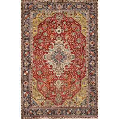 Hand Knotted Oriental 100% Wool Carpet Traditional Floral Red Tabriz Area Rug - 9' 3'' X 6' 9''